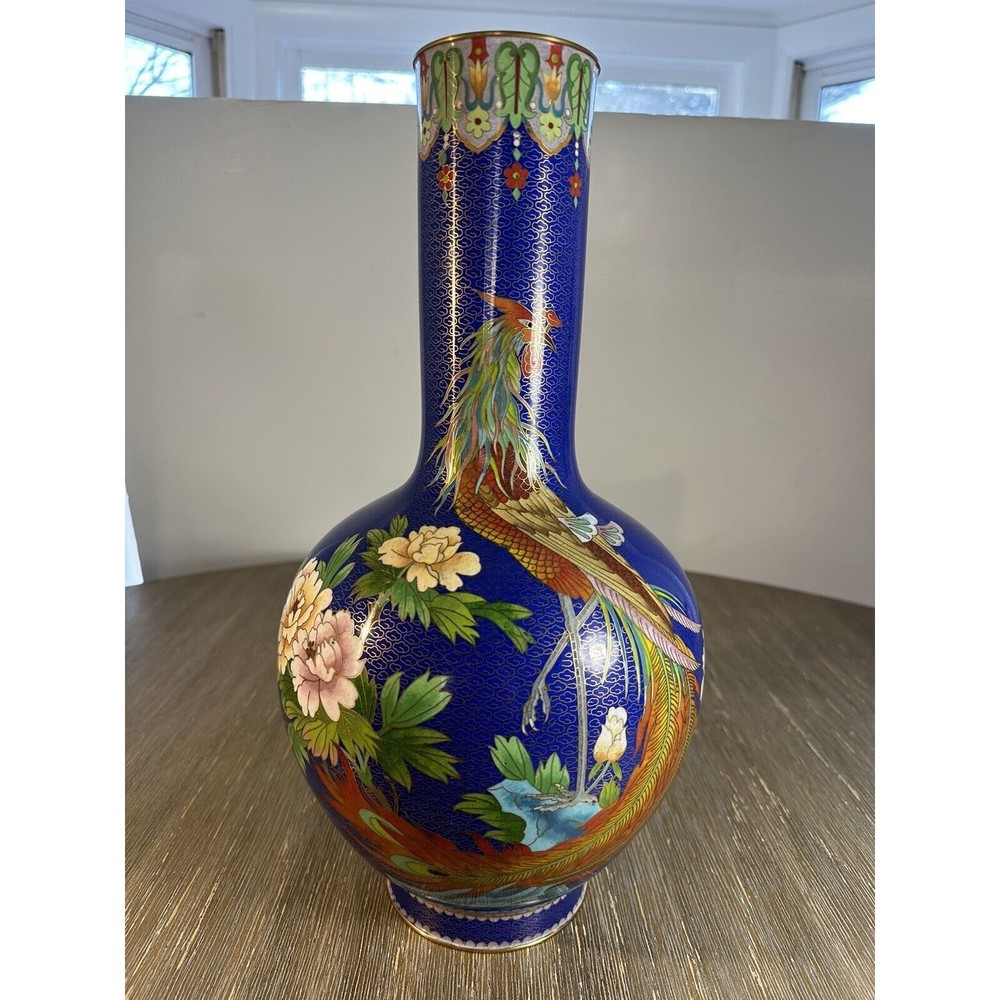 15” Rare Perfect Peacock Chinese Cloisonné Vase